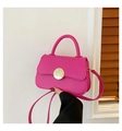 Minimalist bright pink handbag with top handle and golden round metal buckle accent - Rose Pink