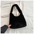 Minimalist black plush shoulder bag with soft textured faux fur for women - Black