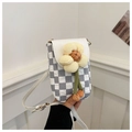 Primer plano del bolso de tela a cuadros para móvil con flor amarilla 3D y correa blanca - Blanco