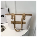 Minimalist white canvas tote bag with brown PU leather trim and zip pocket detail - White