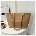 Minimalist light brown PU leather tote bag with front zipper and dual shoulder straps - Khaki