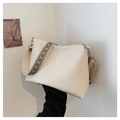 Creamy white hobo bag with vintage patterned wide strap and pebble grain leather texture - Off White