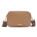 Minimalist brown quilted camera bag for women with ethnic style wide woven shoulder strap - Khaki