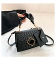 Classic black crocodile pattern handbag with scrunchie handle and gold geometric buckle - Black