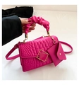 Rose red crocodile pattern crossbody bag with ruffled handle and small matching pouch - Rose Red
