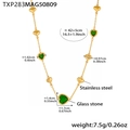 Detail of 18k gold plated heart necklace with green glass stone and stainless steel charms - Gold Green Heart Glass Stone