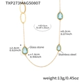 Long gold stainless steel chain necklace with blue teardrop glass stone and oval ring - Gold (Blue Drop)