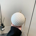 Elegant white lace round evening clutch bag with golden chain and circular handle - White