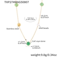 Gold stainless steel long necklace with green cat's eye stone and white shell beads - Green (TXP274)
