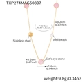 Golden stainless steel long necklace with pink cat's eye stone and shell beads - Pink (TXP274)
