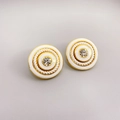 Vintage 18K gold plated brass button earrings with white enamel and center crystal - Round Enamel Clip-on Style