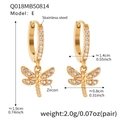 Golden dragonfly hoop earrings with micro-inlaid zircons and circular earring buckle - Gold Full Zirconia Dragonfly Earrings (Q018-E)