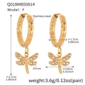 Golden stainless steel dragonfly drop earrings with white zircon accents in round hoops - Gold Chiseled Texture Dragonfly Earrings (Q018-F)