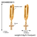 Boucles d'oreilles en acier doré avec croix en zircon 5A et dimensions détaillées - Boucles d'Oreilles Croix Zircon en U Dorées (Q034)