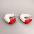Minimalist red and white enamel C-shaped brass earrings with sleek irregular curves - Red and White Color Block Irregular Style