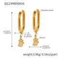 Gold plated stainless steel hoop earrings with 5A zircon cat pendant, 3.2cm length - Wavy Hoop Animal Style (Q123) / Gold