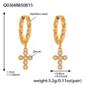 Créoles en acier doré avec pendentifs croix en zircon 5A et dimensions détaillées - Boucles d'Oreilles Croix en Texture Torsadée Dorées (Q036)