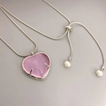Fashionable adjustable heart crystal pendant necklace with pink stone and snake chain - White Gold