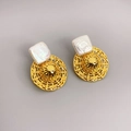 Detailed view of Baroque square pearl stud earring with golden woven mesh base - Full Straw Hat Pearl Set