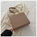 Taupe quilted shoulder bag with gold chain and geometric embossed pattern for women - Khaki