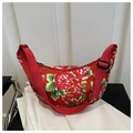 Ethnic style floral crescent bag with traditional Chinese red peony print and adjustable strap - Red