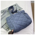 Close-up of blue quilted nylon tote bag with diamond pattern stitching and soft handles - Blue