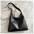 Minimalist black glossy leather tote bag with large capacity and stylish wide strap - Black