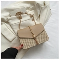 Bolso bandolera de paja trenzada con ribete de cuero marrón y borla dorada chic - Caqui