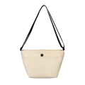 Bolso tipo cubo de tela Oxford beige con correa negra y bolsillo frontal con broche - Blanco Roto