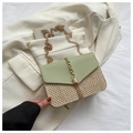 Green leather and straw woven crossbody bag with gold chain and fringe detail - Green