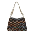 Vintage wavy patterned knit tote bag with colorful geometric designs and wide strap - Coffee