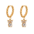 Golden titanium steel hoop earrings featuring crystal owl charms with zircon accents - Twisted Texture Owl Motif (Q103)