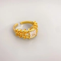 Adjustable gold ring featuring a square crystal center and open hollow woven band - Adjustable Open / White