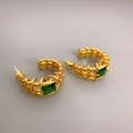 Golden C-shaped woven earrings with emerald-cut green stone and S925 silver needle - Gold - Green Zirconia