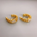 Elegant gold C-shaped hoop earrings with hollow mesh cage and square cubic zirconia - Gold-White Zirconia