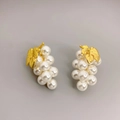Elegant gold grape cluster earrings with white pearls and detailed leaf design on grey background - Gold