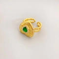 Lava texture heart ring with green gemstone and white zircon in gold finish - Green