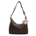 Dark brown high-gloss PU leather hobo bag with plush charm and vertical stitching details - With Ornament / Brown