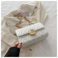 White quilted flap bag with gold round lock and chain strap in variant style - White