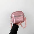 Pink metallic crossbody bag with dual zippers and adjustable strap for women - Pink