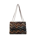 Vintage shoulder bag with colorful wave knit pattern and gold chain strap - Coffee Wavy Stripe Style