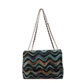 Chic wavy pattern shoulder bag with a metal chain strap and fold-over flap design - Black Wavy Stripe Style