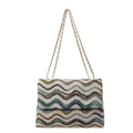 Knitted wave pattern tote bag with gold chain straps in cream and green tones - Rice White Wavy Stripe Style