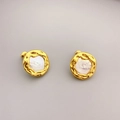 Baroque style circular pearl stud earrings with vintage hammered gold texture - Gold Pearl Stud Earrings