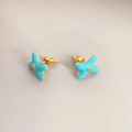 Chic turquoise enamel flower stud earrings with gold plating and center zircon stone - Blue