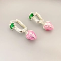 Silver flower bud earrings with pink enamel pendant and green gemstone accents - Silver (Pink Pendant)