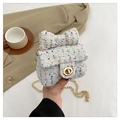 Mini multi-color tweed crossbody bag for girls with large bow and gold chain strap - White