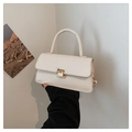 Elegant cream white rectangular handbag with gold metal clasp and top handle for women - Off White
