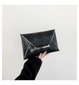 Slim black crocodile texture envelope clutch bag with gold metallic edge and fastener - Black