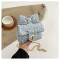 Light blue tweed mini crossbody bag for girls featuring a large bow and gold chain - Blue